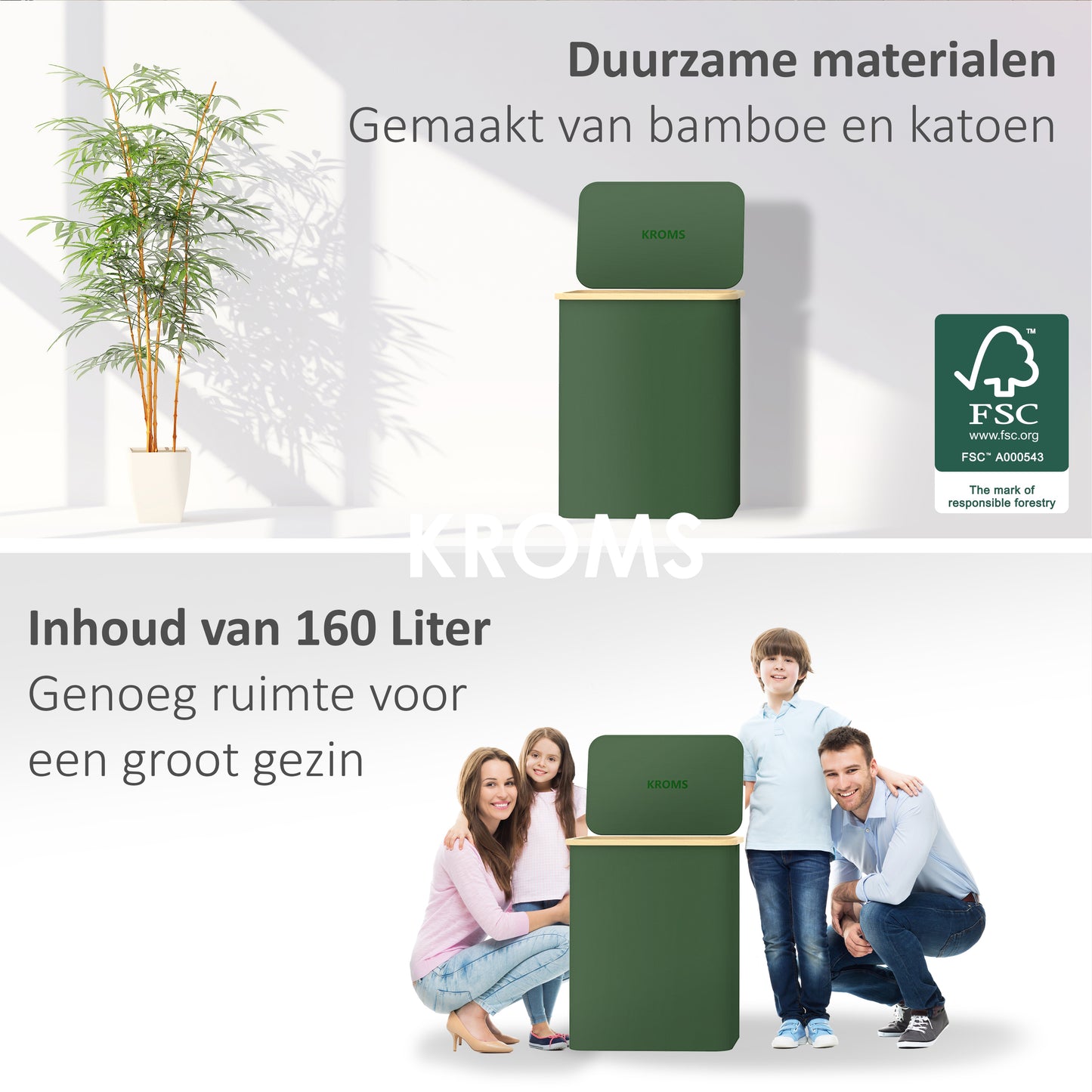 Panier à linge Bambou 3 compartiments Vert olive 145L