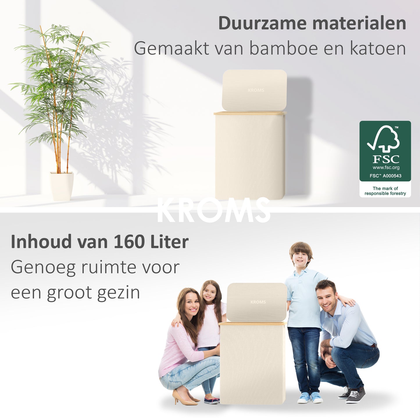 Wasmand Bamboe 3 vakken  Beige 160L