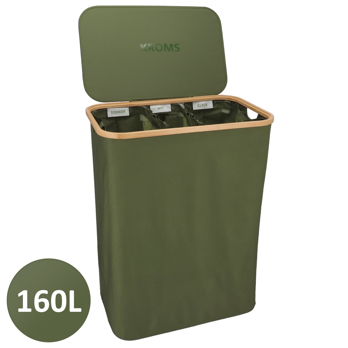 Panier à linge Bambou 3 compartiments Vert olive 145L
