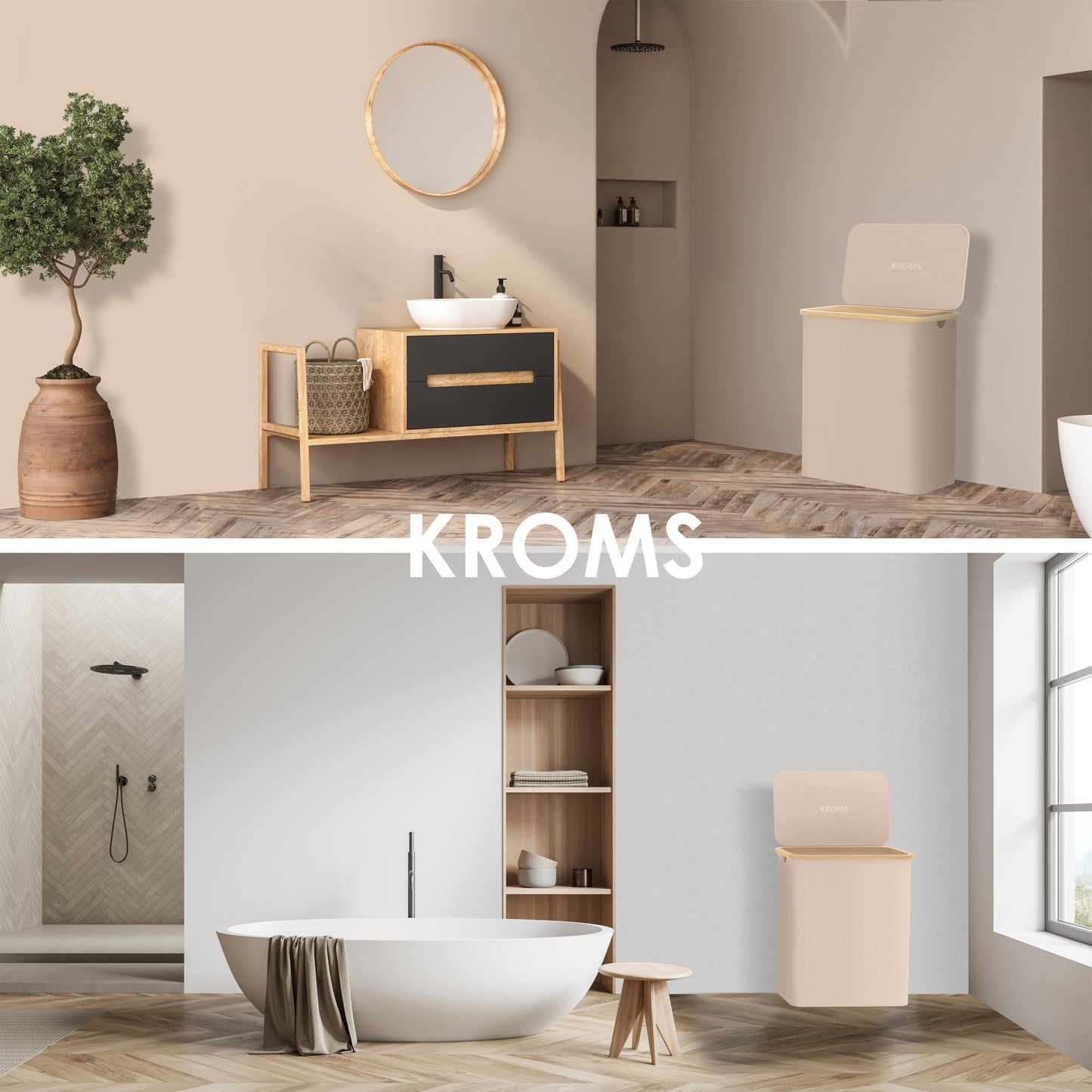 Wäschekorb Bambus 3 Fächer Sand 145L