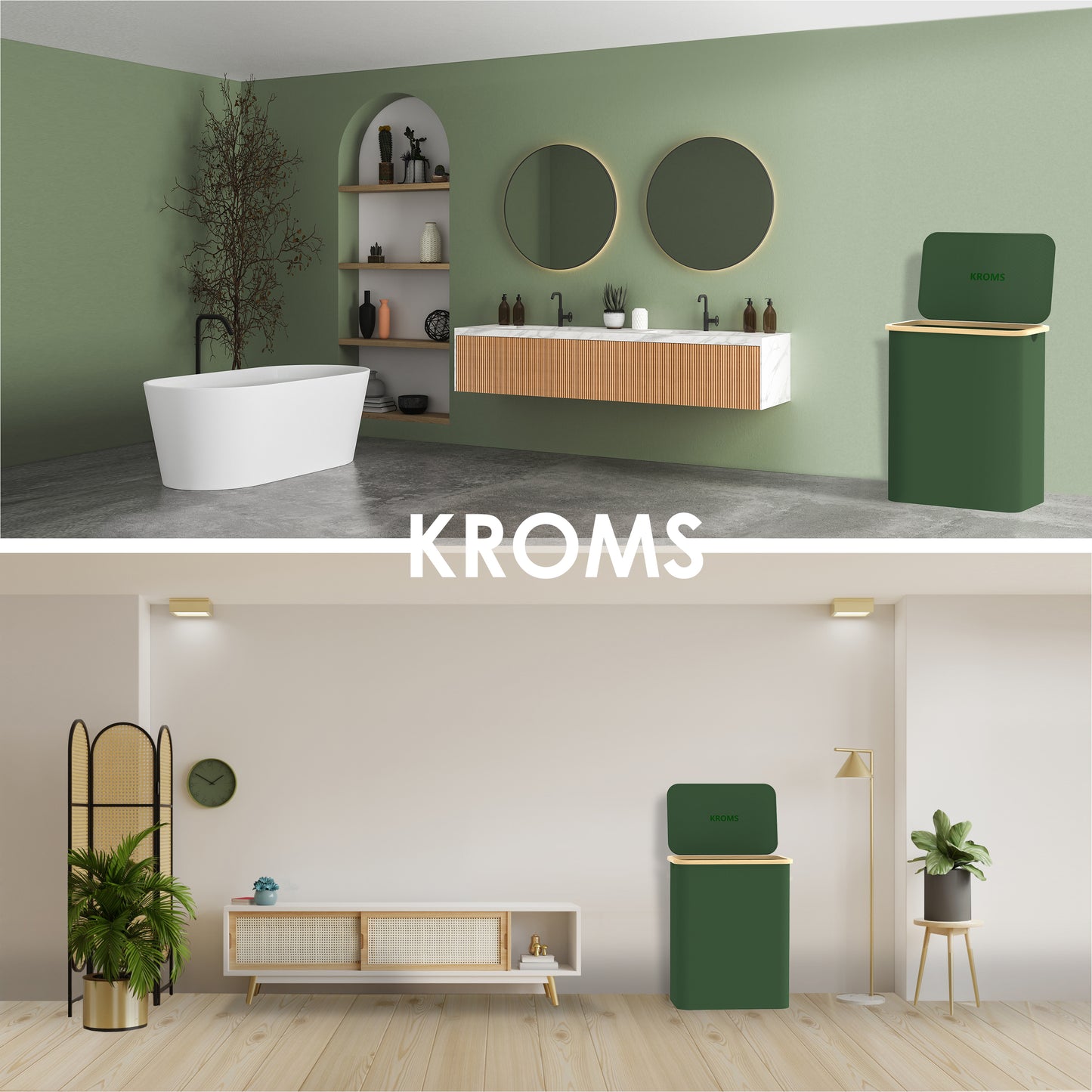 Panier à linge Bambou 3 compartiments Vert olive 145L