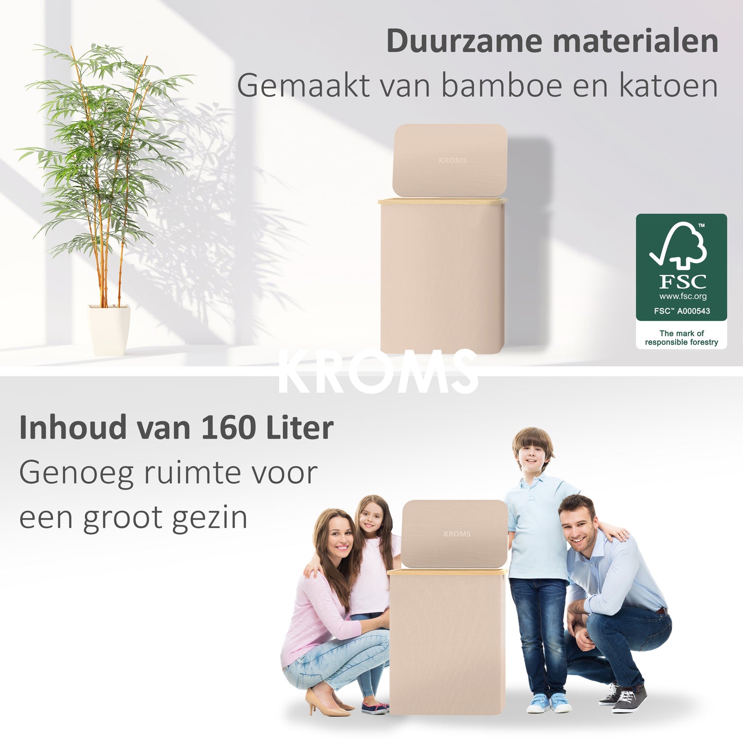 Wäschekorb Bambus 3 Fächer Sand 145L