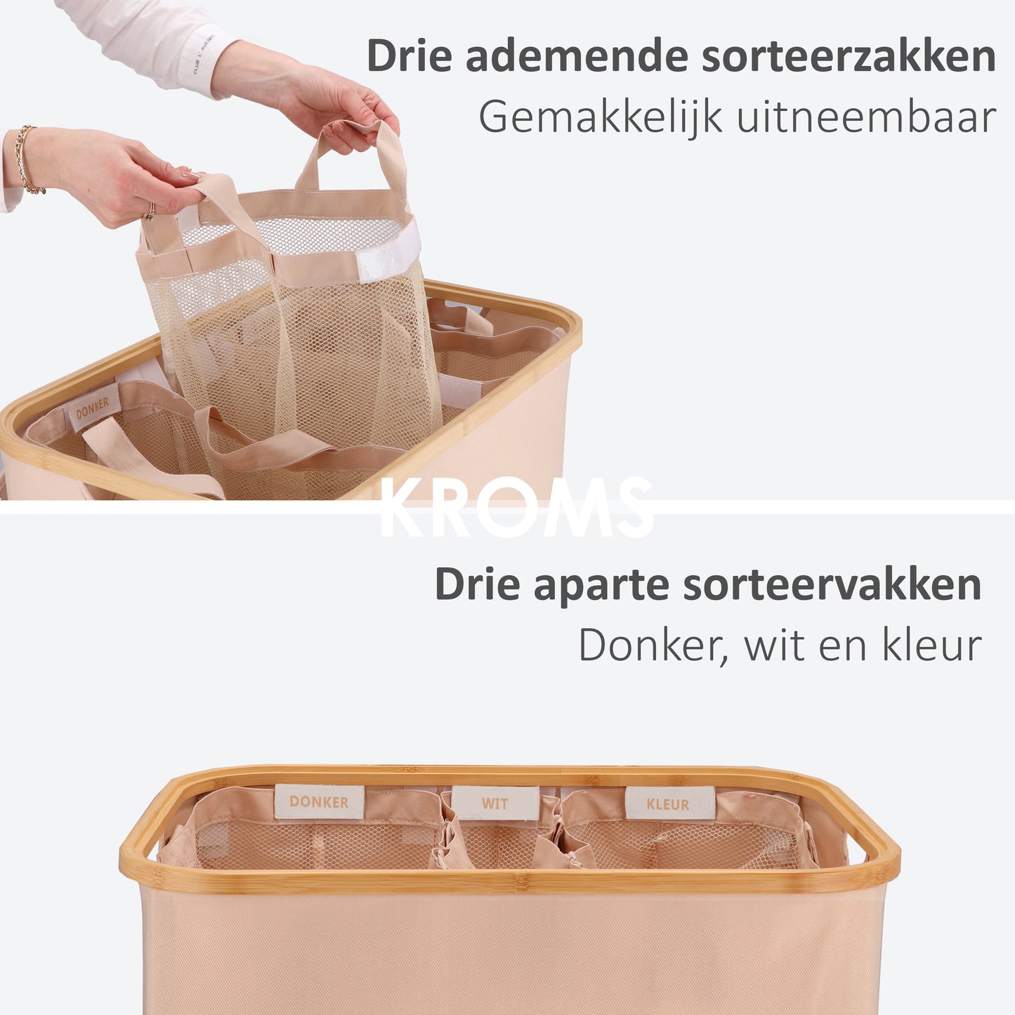 Wäschekorb Bambus 3 Fächer Sand 145L