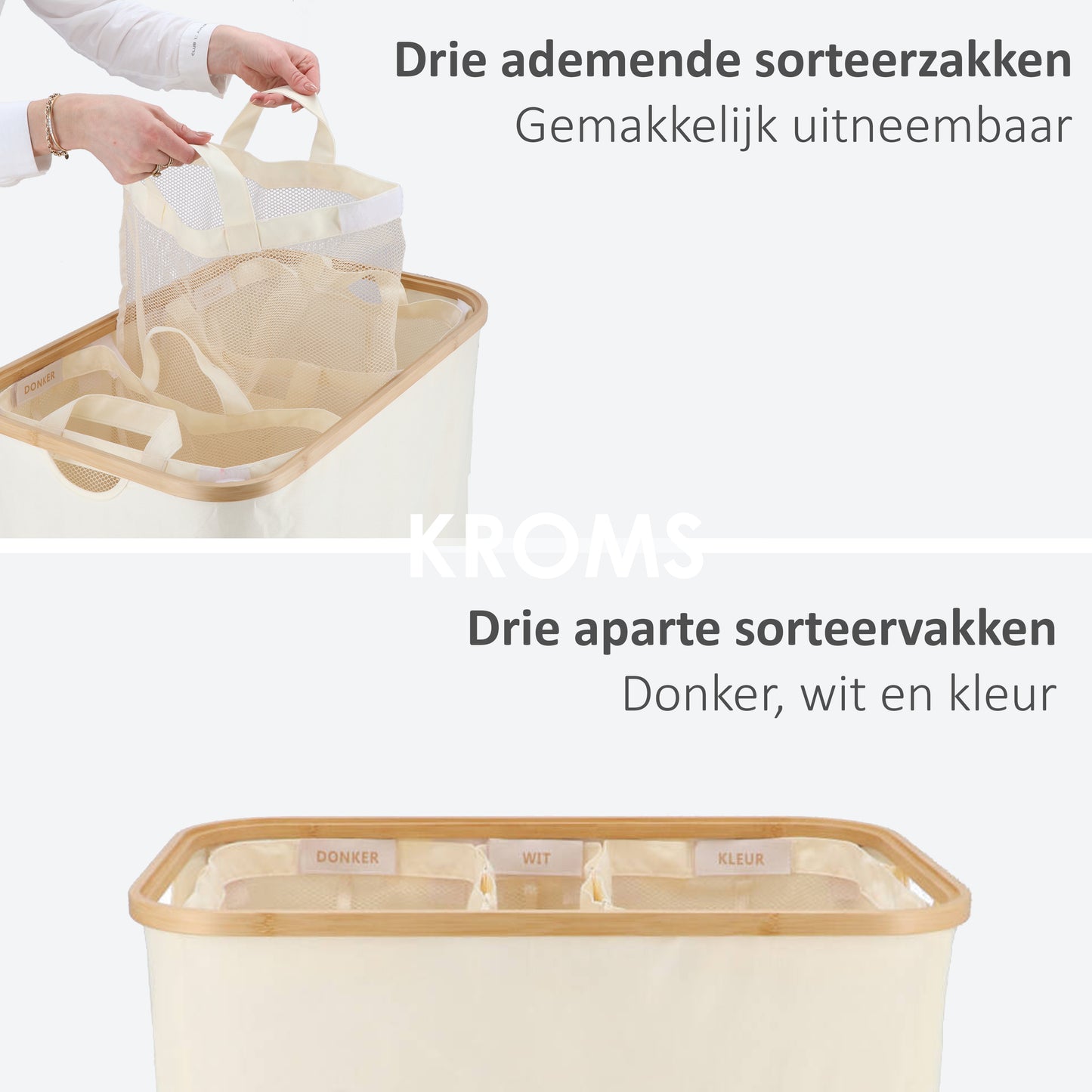 Wasmand Bamboe 3 vakken  Beige 160L