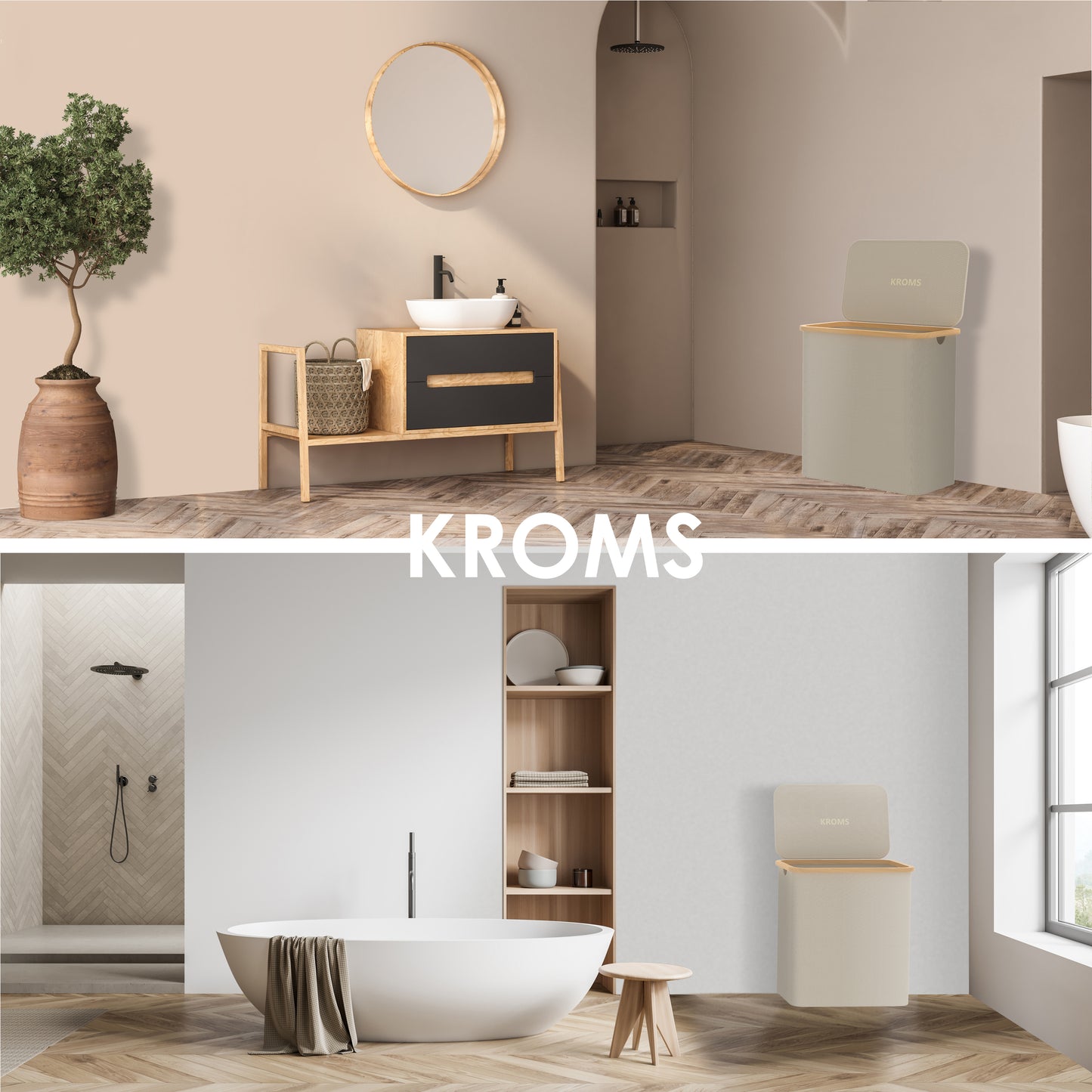 Panier à linge Bambou 3 compartiments Sable 145L