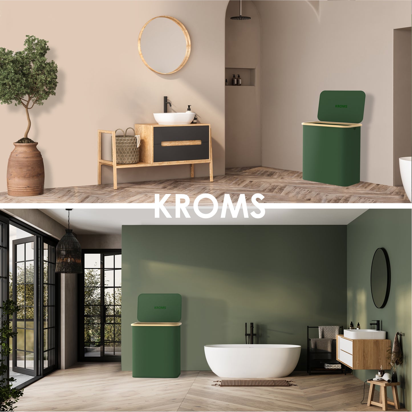 Panier à linge Bambou 3 compartiments Vert olive 145L