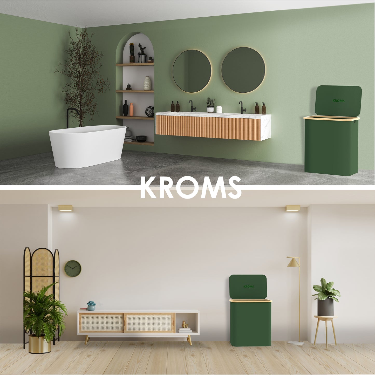 Panier à linge Bambou 3 compartiments Vert olive 145L