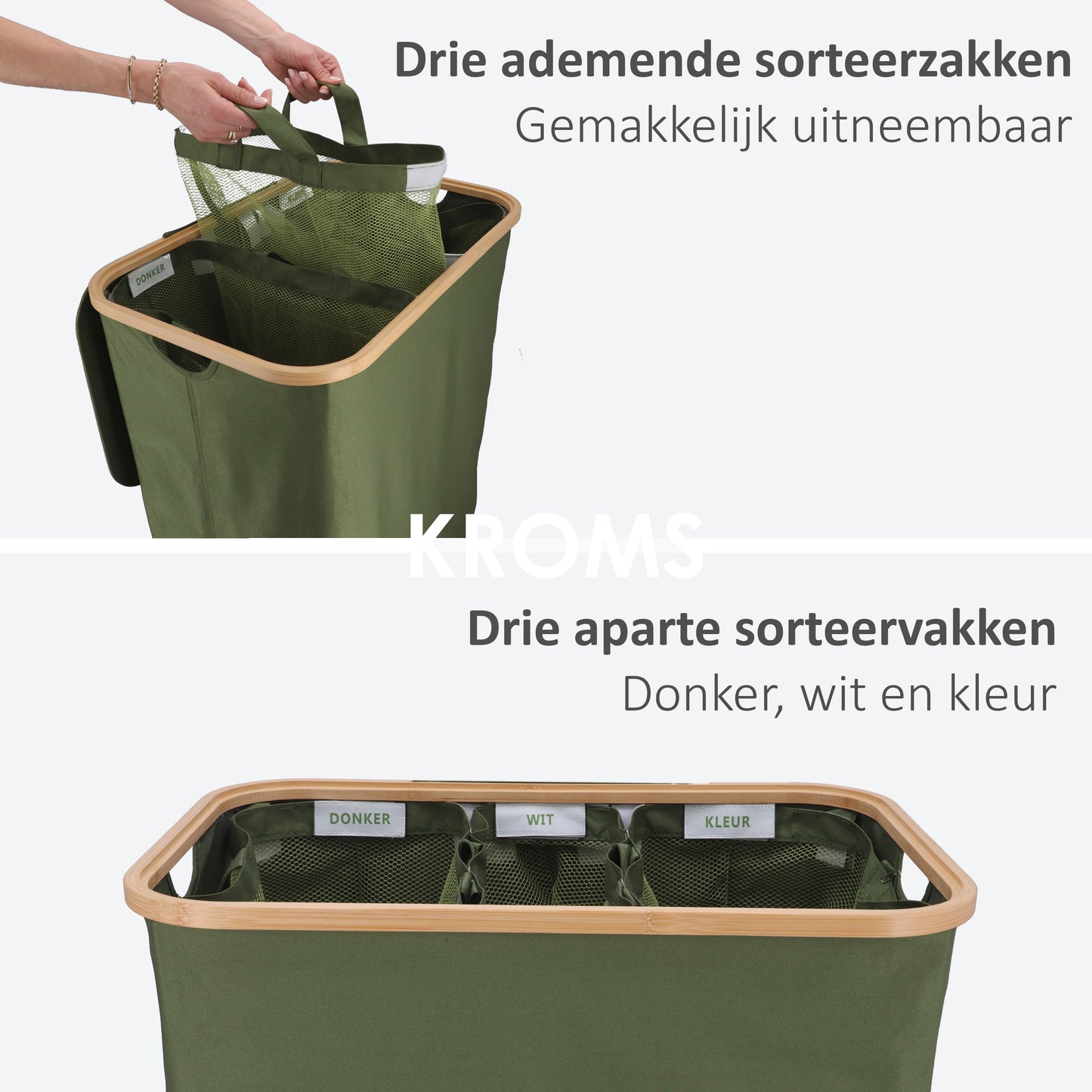 Panier à linge Bambou 3 compartiments Vert olive 145L